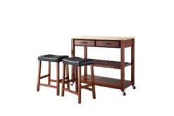 Crosley Natural Wood Top Kitchen Cart/Island In Classic Cherry With Two 24" Cherry Saddle Stools