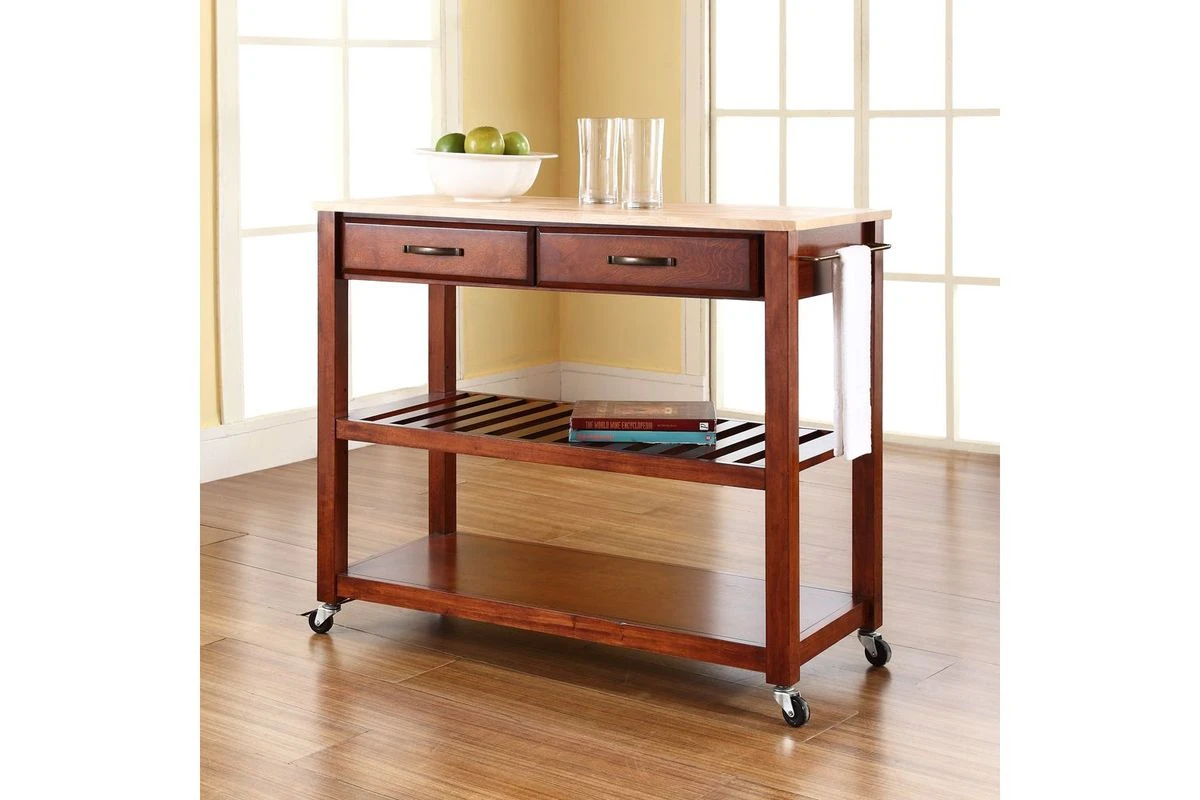 Crosley Natural Wood Top Kitchen Cart/Island With Optional Stool Storage In Classic Cherry 4 Crosley Natural Wood Top Kitchen Cart/Island With Optional Stool Storage In Classic Cherry - Image 2